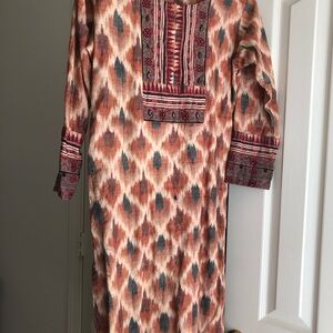 ELF Orange Brown Long Sleeve Dress with Mandarin Collar